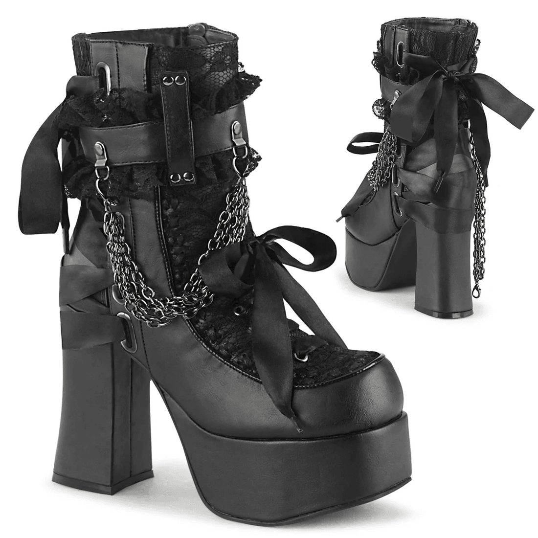 Demonia Cult Charade-110 Black Vegan Leather-Lace Overlay