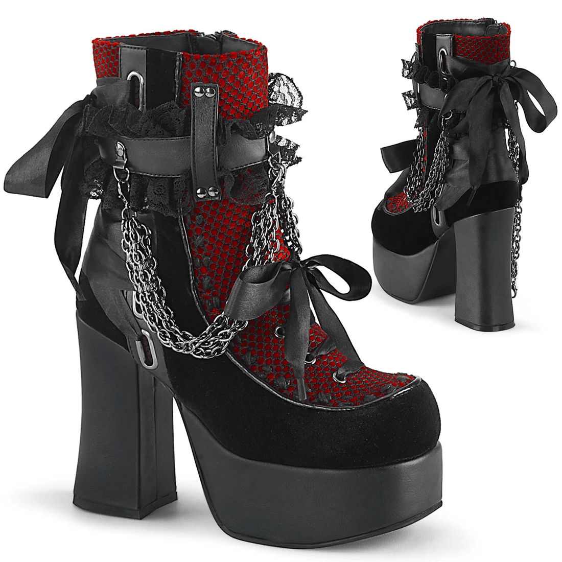 Demonia Cult Charade-110 Black Vegan Leather-Red/Black Fishnet Overlay