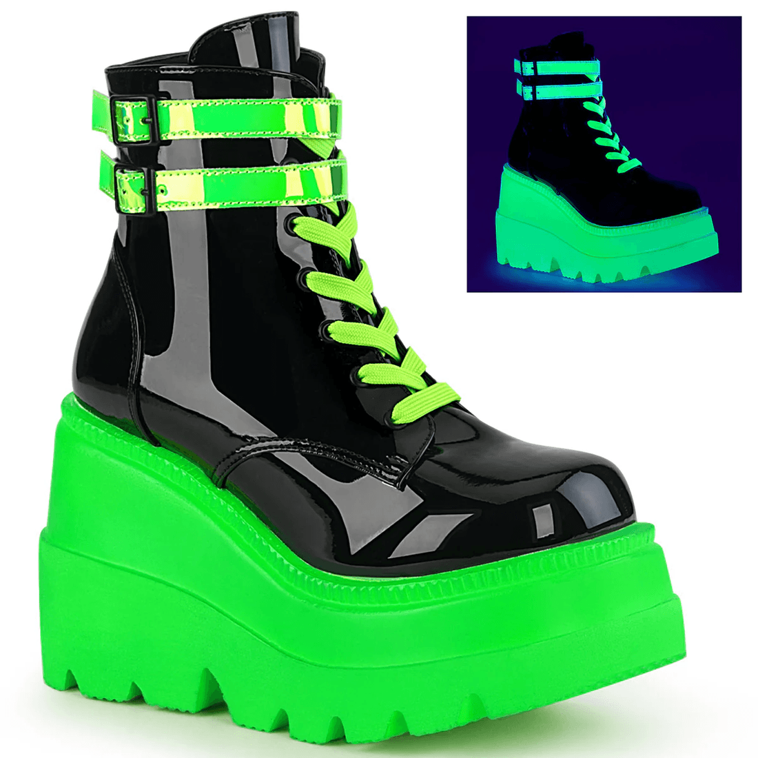 Demonia Cult Shaker-52 Black Patent-UV Neon Green