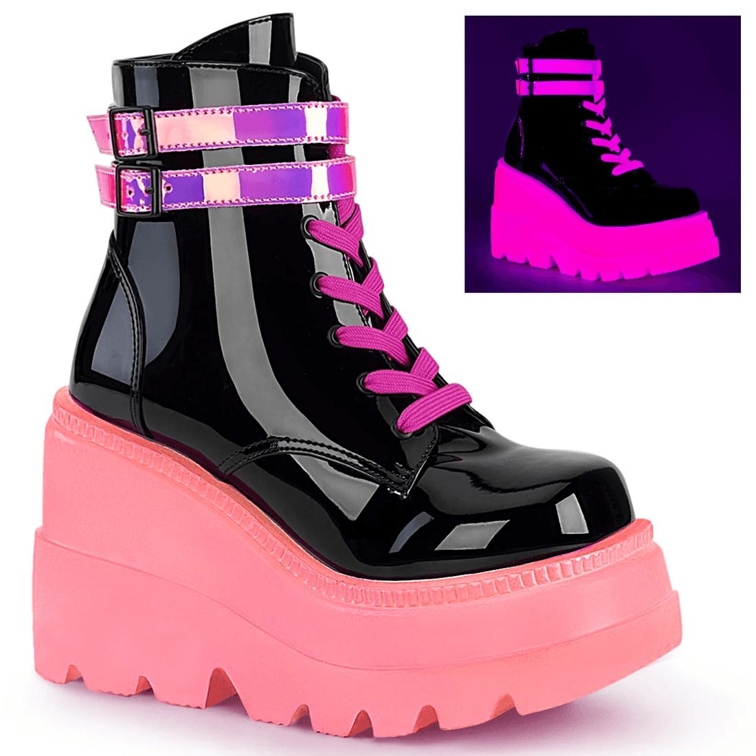 Demonia Cult Shaker-52 Black Patent-UV Neon Pink