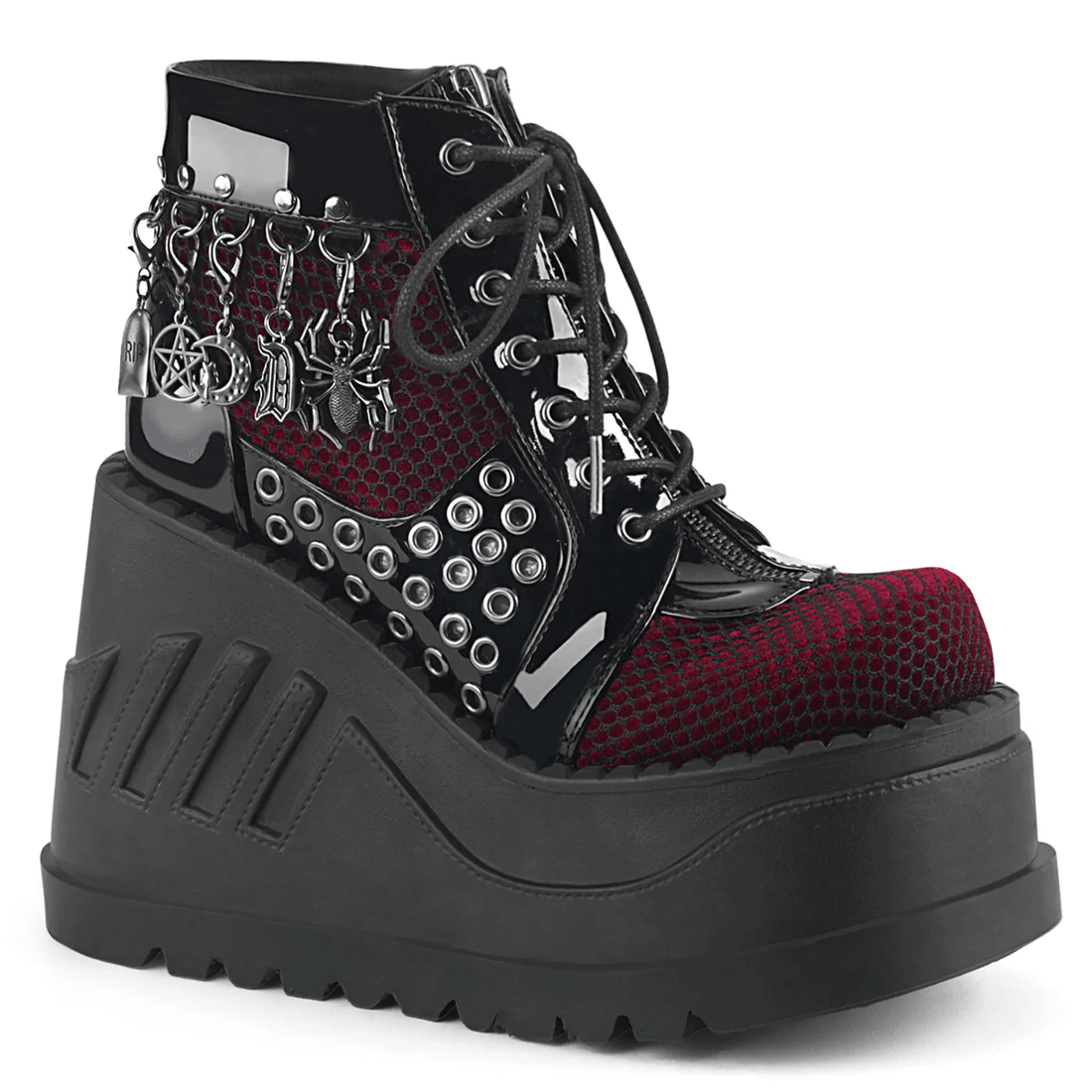 Demonia Cult Stomp-18 Black Patent-Burgundy Velvet