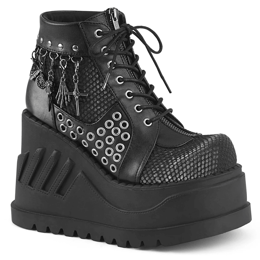 Demonia Cult Stomp-18 Black Vegan Leather-Gray Velvet