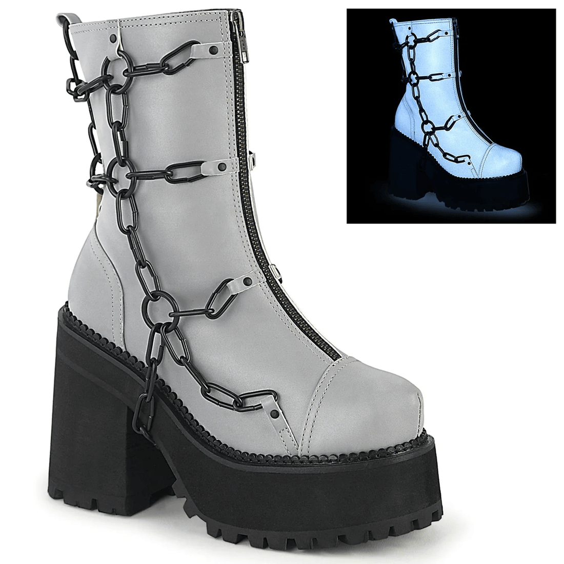 Demonia Cult Assault-66 Gray Reflective Vegan Leather