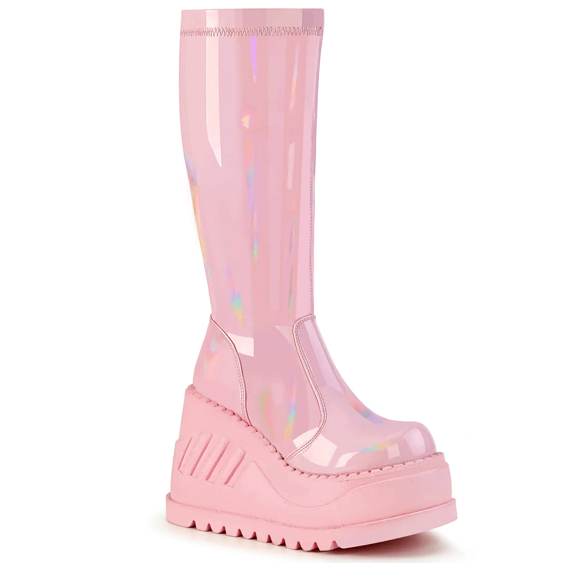 Demonia Cult Stomp-200 Baby Pink Hologram Stretch Patent