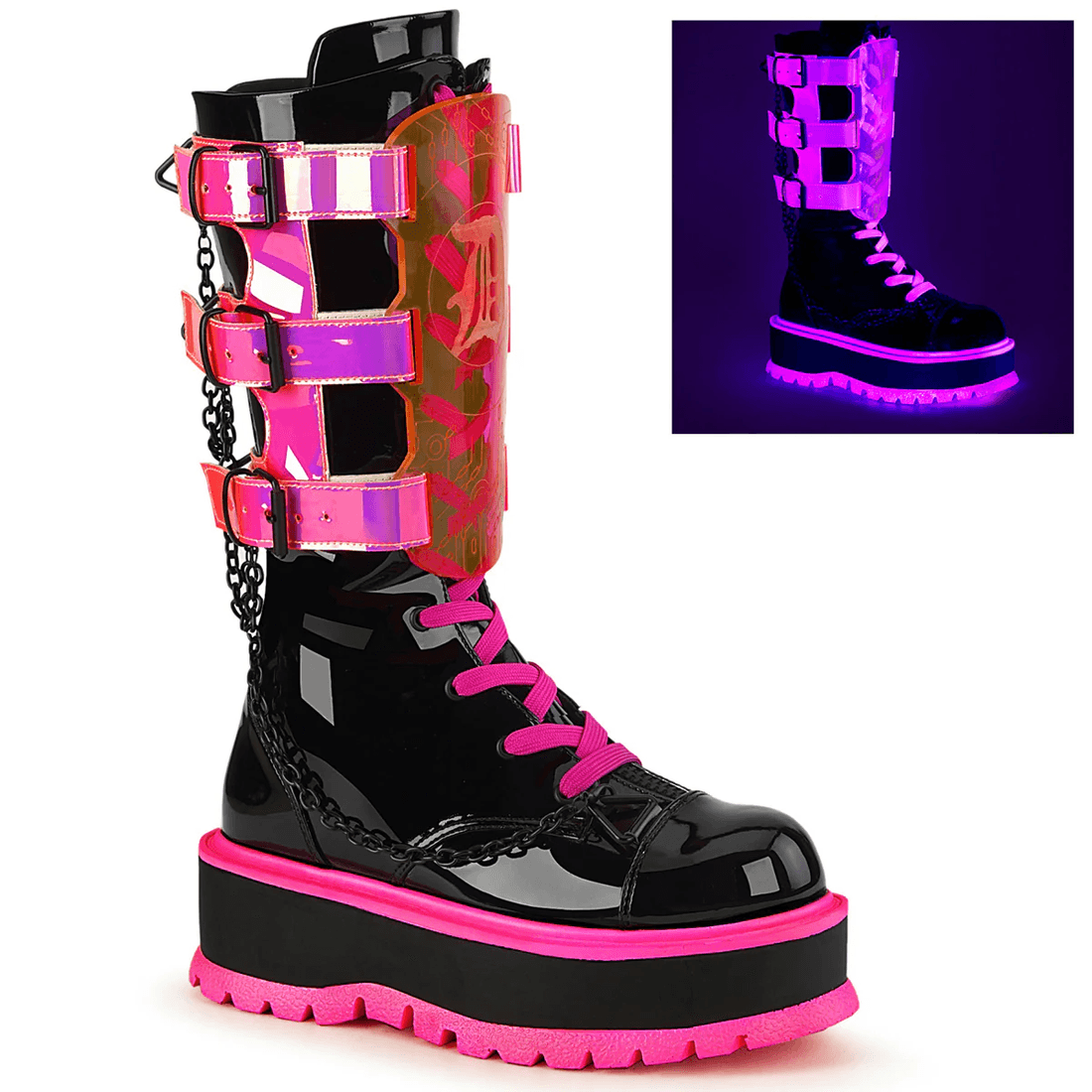 Demonia Cult Slacker-156 Black Patent-UV Neon Pink