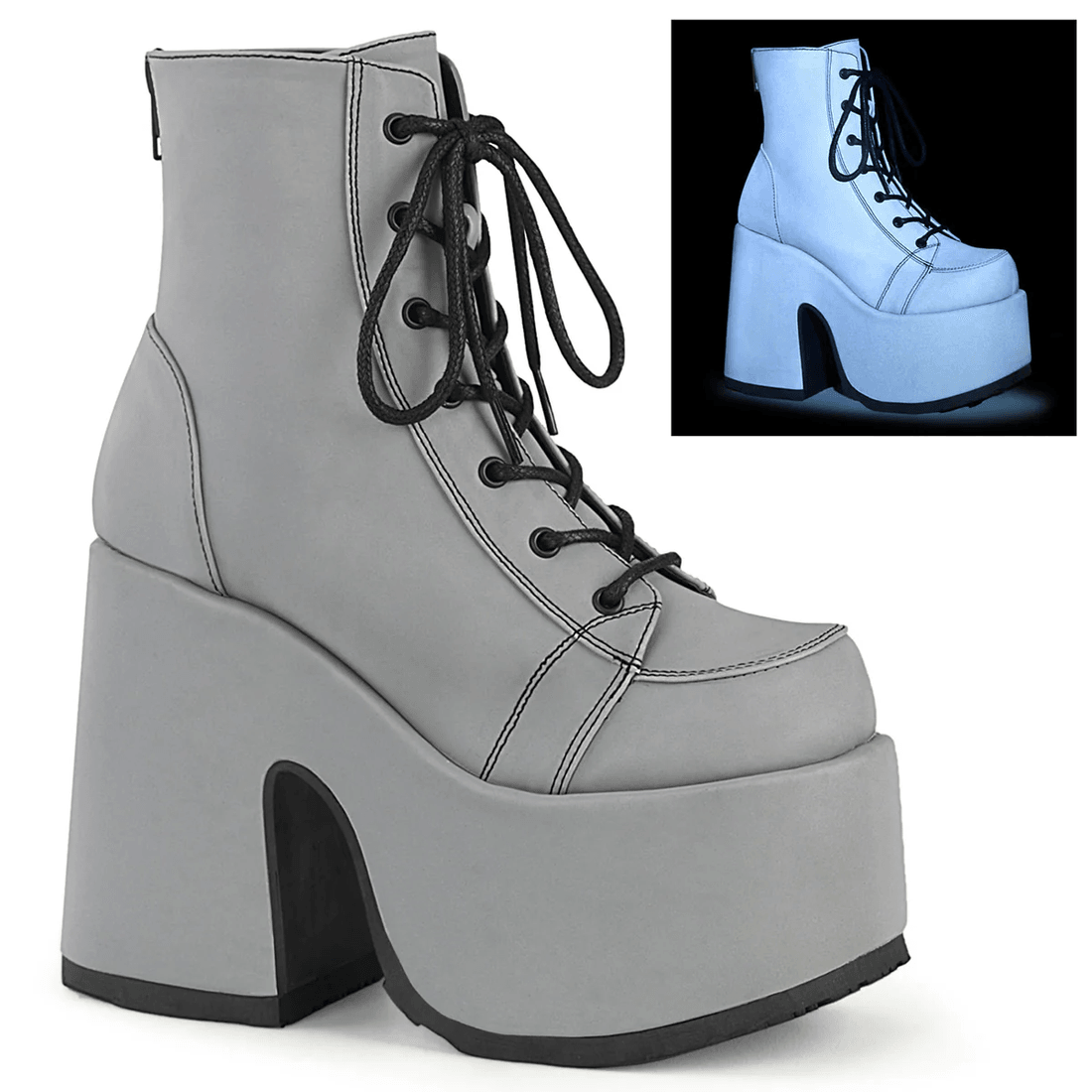 Demonia Cult Camel-203 Gray Reflective Vegan Leather