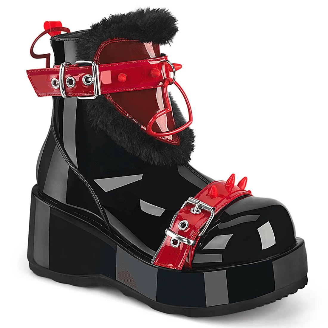 Demonia Cult Cubby-57 Black Patent-Red PVC
