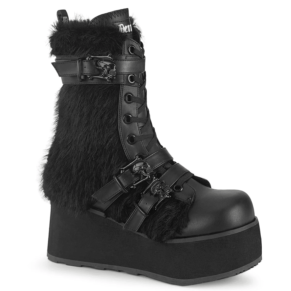Demonia Cult Trashville-218 Black Vegan Leather-Faux Fur