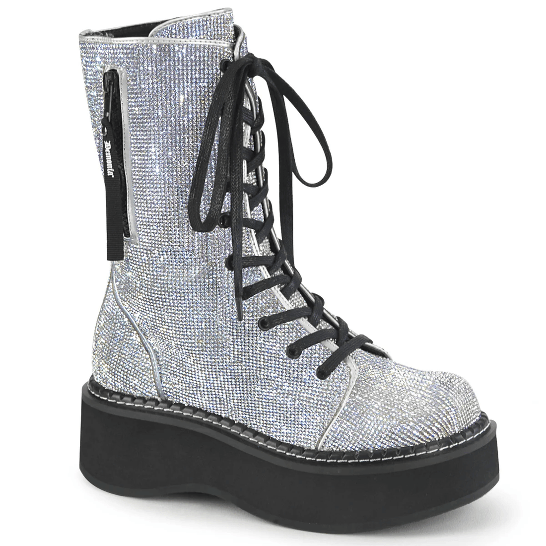 Demonia Cult Emily-362 Silver Vegan Leather-Rhinstone