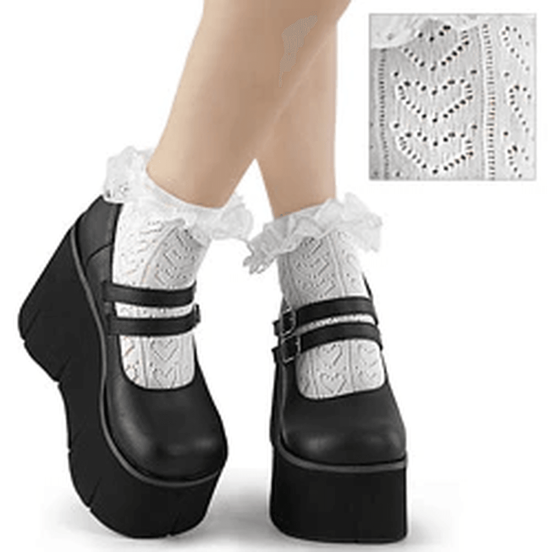 Demonia Cult Heart Net Ruffle Sock White Nylon & Spandex