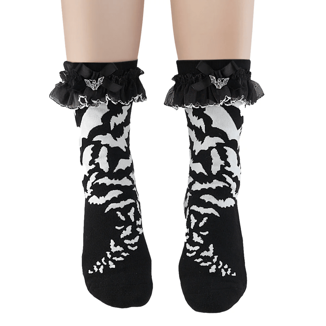Demonia Cult Ruffle Bat Print Socks Black/White