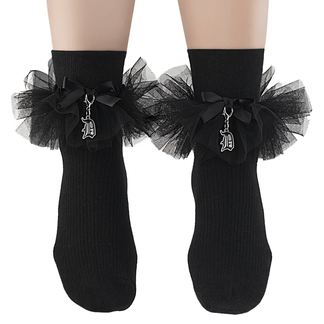 Demonia Cult Ruffle "D" Charm Socks Black