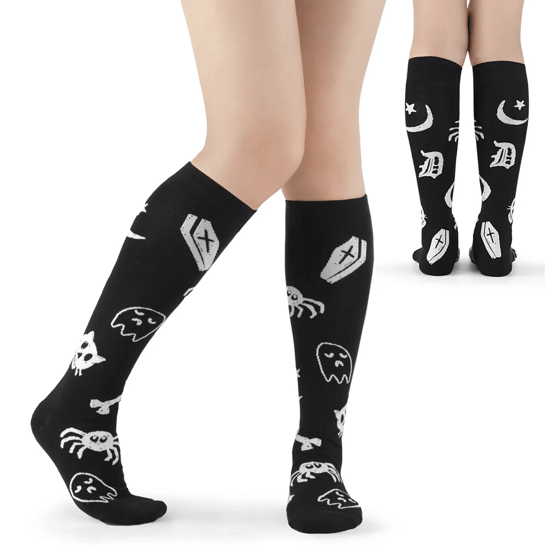 Demonia Cult Coffin Knee High Socks Black