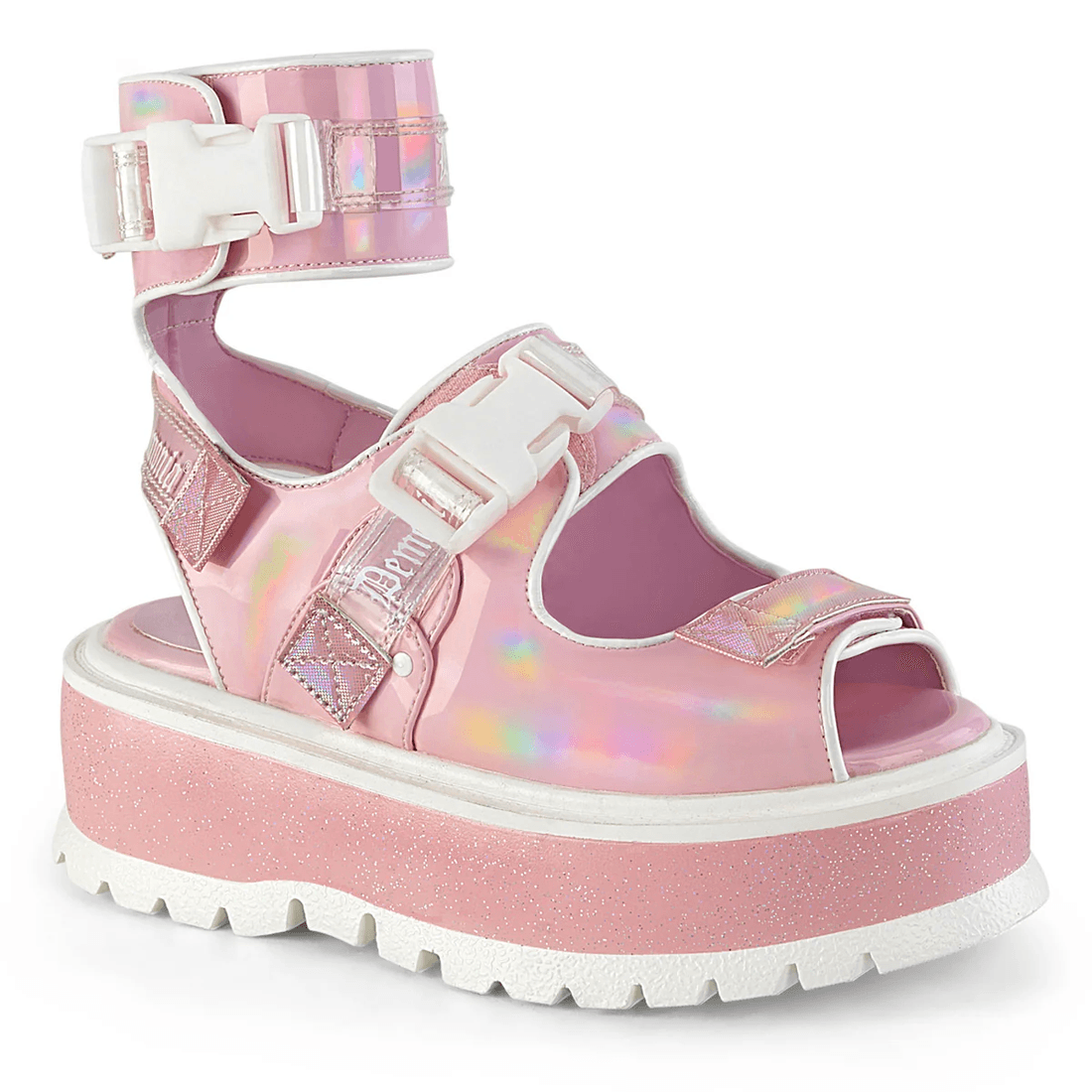 Demonia Cult Slacker-15B Baby Pink Holo Patent